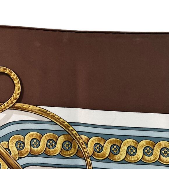 Hermes Bride de Cour Brown, Blue, White, and Gold 100% Silk Scarf 90cm Square - Picture 7 of 16